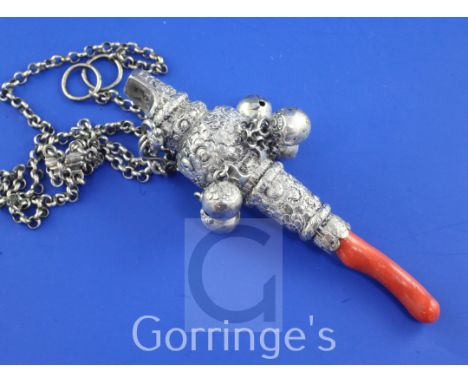 A George IV silver baby's rattle, with whistle, five (ex 6) bells and coral teether, with repousse flowerhead decoration, Tho