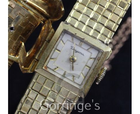 A lady's stylish early 1960's 18ct gold and diamond Dugena cocktail watch, the square dial with baton numerals and diamond se