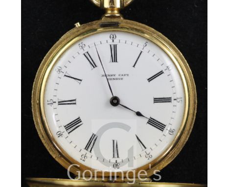 A late 19th century Swiss 18ct gold and black enamel keyless cylinder hunter fob watch by Henry Capt, in original box, with R