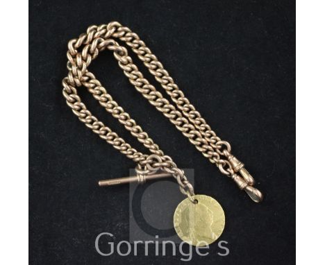 An early 20th century 9ct rose gold curblink Albert hung with a 1787 spade guinea fob, chain 16in.