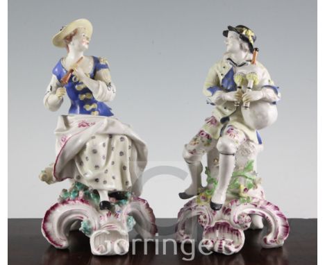 A near pair of Bow figures of musicians, c.1758, the first a gentleman playing the bagpipes, the second a lady holding a picc