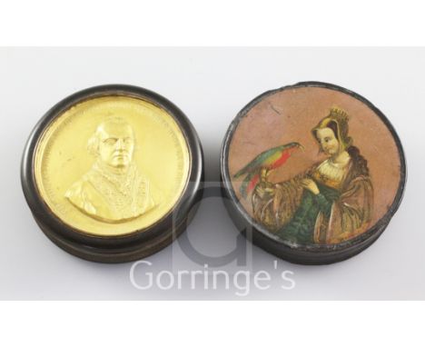 An 18th century bois durci snuff box, commemorating Pope Pius VIII, inset with a gilt copper plaque by Gabriel Raoul Morel, 3