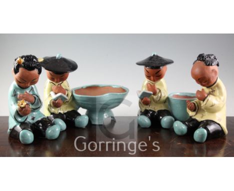 Gudrun Baudisch (1907-1982), four glazed pottery Oriental seated figures, post war in Wiener Werkstätte style, two modelled w