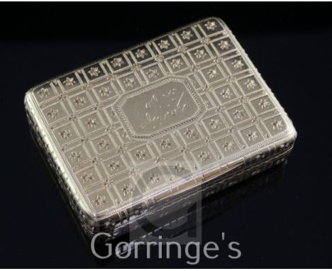 A George III bright cut engraved 18ct gold rectangular snuff box, decorated with panels of flower heads, with central later A