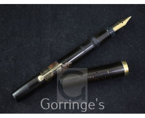 A Namiki pre-Dunhill Maki-e fountain pen, c.1925-28, decorated with a pavilion amid pine trees, the roof inlaid in aogai (mot