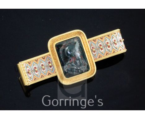 A Victorian gold, polychrome enamel and bloodstone cameo bar brooch, in the manner of Giuliano, with curved terminals and Hol