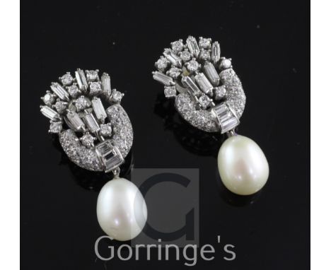 A pair of white gold, diamond and cultured pearl drop ear clips, of U form with fan shaped terminal and set with round and ba