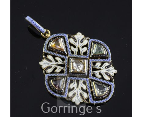 An attractive late Victorian gold, enamel and gem set pendant in the manner of Giuliano, of lozenge form, decorated with blue