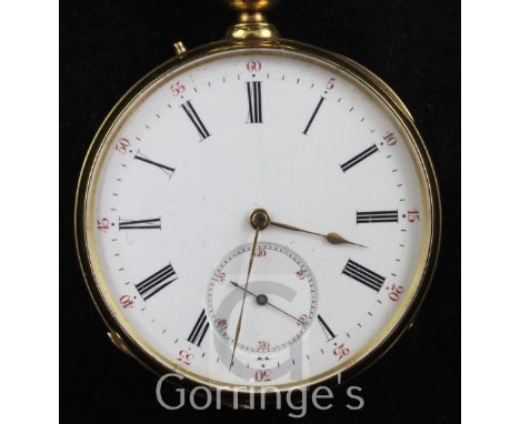 A 19th century French engine turned gold keyless lever pocket watch, with Roman dial and subsidiary seconds, the case back wi