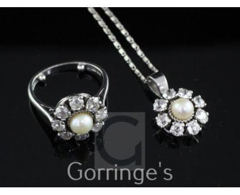 An early 1980's 18ct white gold split cultured pearl and diamond cluster ring and a similar pendant, on an unmarked white met