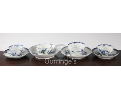 Four Worcester blue and white teabowls and saucers, c.1765-75, two in the Mansfield pattern, W and crescent marks, the third 