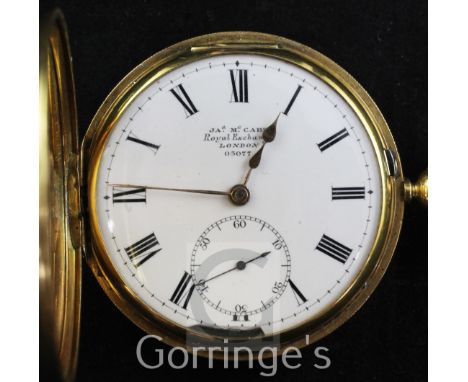 A Victorian 18ct gold keywind lever half hunter pocket watch by McCabe, Royal Exchange, London, with engine turned case and R