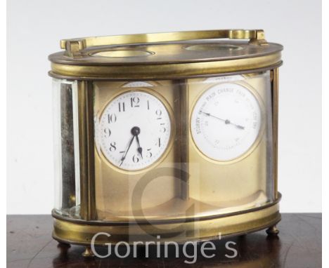 An early 20th century Duvernoy brass combined carriage timepiece and barometer, of oval form, width 6in.