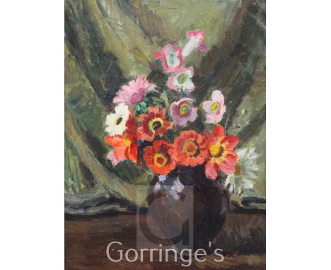 § Vanessa Bell (1879-1961)oil on canvas,Flowers in a black pot, c.1948, initialled verso in the hand of Duncan Grant,Vanessa 