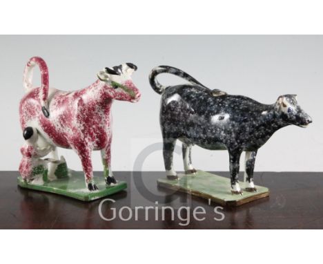 Two Yorkshire type pearlware cow creamers, c.1820, the first modelled with a milkmaid and pail with mauve sponged decoration,