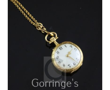 A late 19th century French gold fob watch and a French 18ct gold guard chain, the watch with Arabic dial and case back with r
