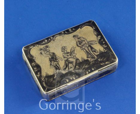 An early 19th century Russian 84 zolotnik silver and niello rectangular snuff box, the lid and base decorated with three ladi