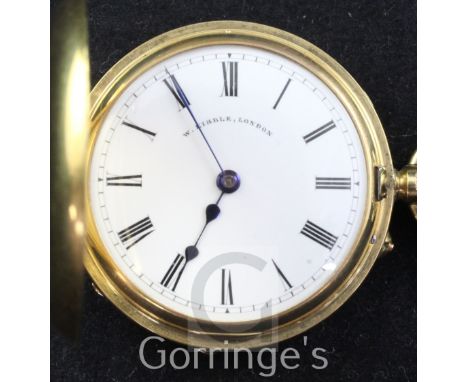 A lady's Edwardian 18ct gold and enamel keyless half hunter fob watch by William Kibble, London, with guilloche enamel Roman 