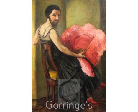 § Hélène Detroyat (1899-1951)oil on canvas,Portrait of a bearded lady, seated holding an ostrich feather fan,signed and dated