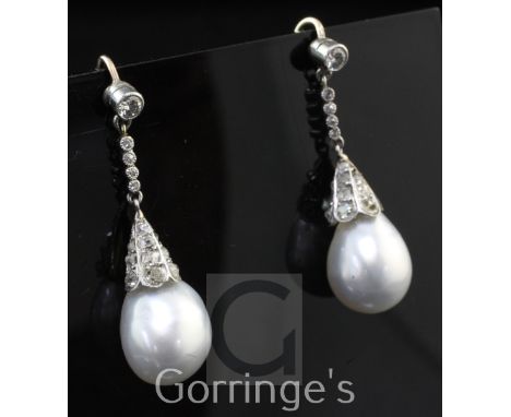 A pair of Victorian style platinum and gold, cultured baroque pearl and diamond set drop earrings, approx. 1.5in.