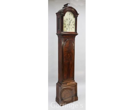 Holmes of London. A George III mahogany eight day longcase clock, the 12 inch arched silvered dial with Roman chapter ring, s