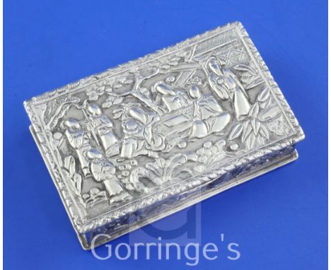 A 19th century Chinese Export silver snuff box, of rectangular form, embossed with scenes of warriors and figures in a garden