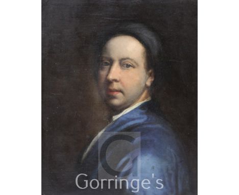 Early 18th century English Schooloil on canvas,Portrait of a gentleman wearing a blue coat,23.5 x 17.5in.