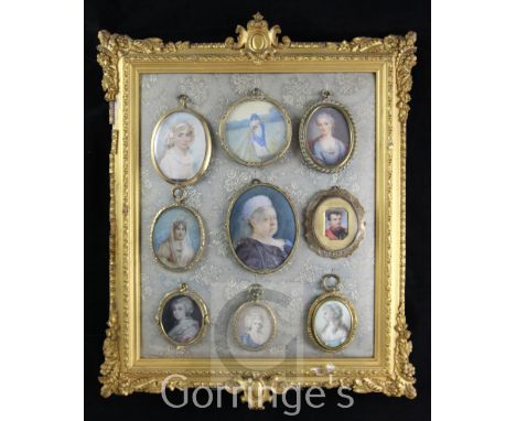 A collection of nine assorted portrait miniatures, 18th century to early 20th century, eight of them oil on ivory including Q