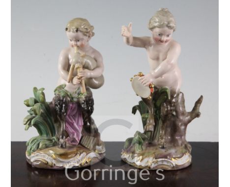 A pair of Meissen figures of fauns, 19th century, the first playing the bagpipes on a rocky outcrop, the second holding a tam