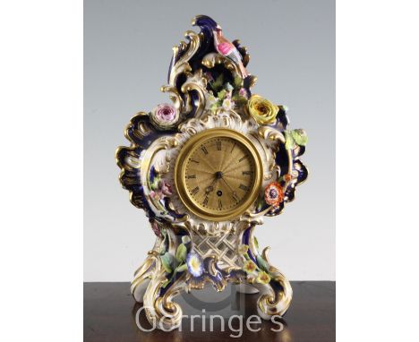 A Coalport Coalbrookdale porcelain mantel clock, with Vulliamy movement, c.1830-35, of cartouche form, profusely modelled in 