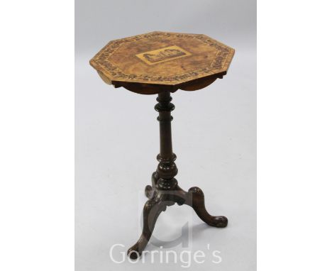 A Victorian Tunbridgeware inlaid walnut tripod table, the octagonal top inlaid with a view of a castle, W.1ft 6in. H.2ft 1in.