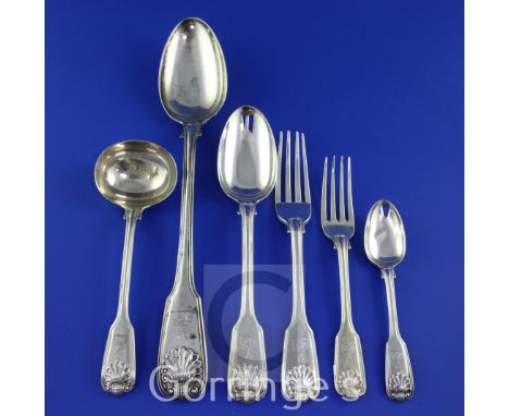 A part suite of late William IV/early Victorian silver double struck, fiddle, thread and shell pattern flatware, with engrave