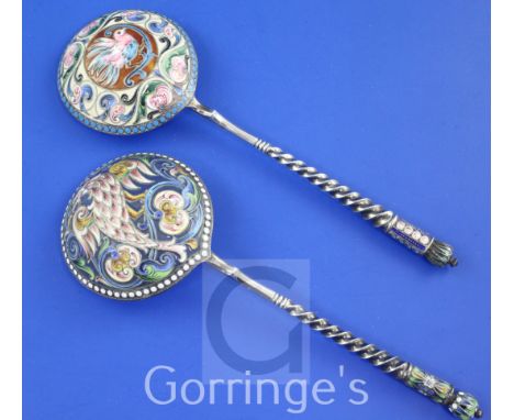 Two late 19th/early 20th century Russian 88 zolotnik and cloisonne enamel spoons by Alexander Lubavin, St. Petersburg, with s