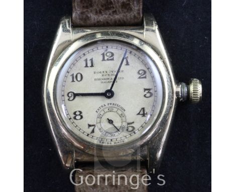A gentleman's 1930's 9ct gold Rolex Oyster Royale Extra Precision manual wind wrist watch, retailed by Robinson & Co Ltd, Sin