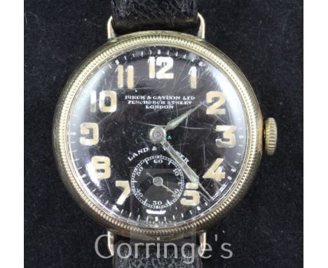 A gentleman's early 1930's 9ct gold Zenith Land and Water "Officers" manual wind trench style wrist watch, retailed by Birch 