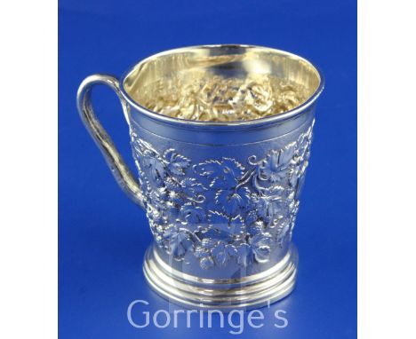 A Victorian silver christening mug by Roskell, Roskell & Hunt, of tapering cylindrical form, with rustic handle, engraved mon