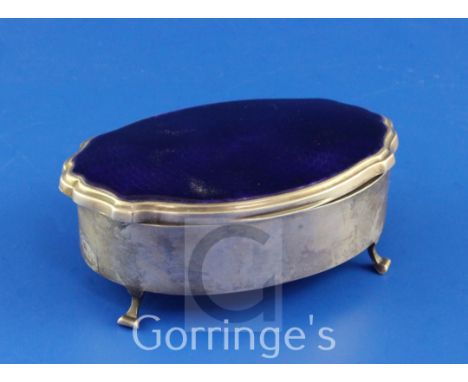 A 1930's silver and mauve guilloche enamel trinket box by Mappin & Webb, of lozenge form, on cabriole legs, London, 1935, 5in