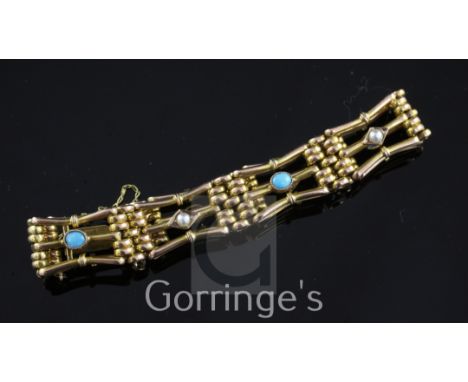 An Edwardian 9ct gold, split pearl and turquoise set gatelink bracelet, with safety chain, gross weight 18 grams, 7.5in.