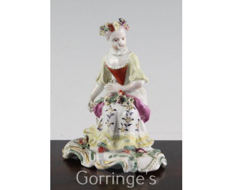 A Derby Pale Family figure of a seated lady, c.1756-9, holding flowers in her lap, a garland of flowers around her head, on a