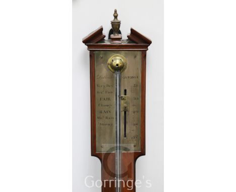 Dollond of London. A George III mahogany stick barometer, with silvered scale, exposed tube and domed cistern cover, 40in.