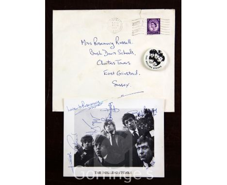 The Rolling Stones: A signed vintage postcard photograph signed by all five members of the band, and inscribed 'Love to Rosem