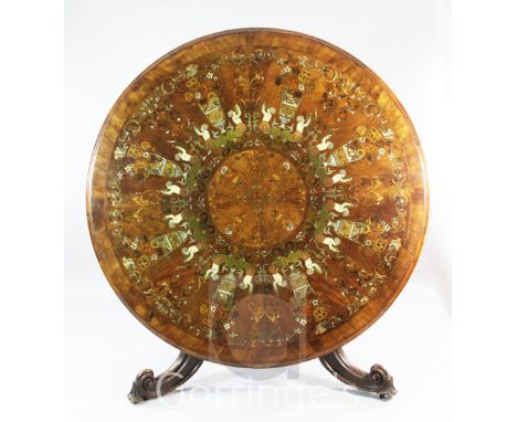 A Victorian walnut, crossbanded, sycamore, ivory, mother of pearl, brass, copper and pewter marquetry centre table, in the ma