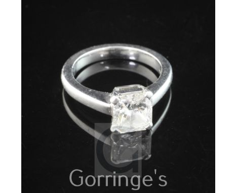 A platinum and solitaire diamond ring, the radiant cut stone weighing approximately 2.30ct, with an estimated colour and clar