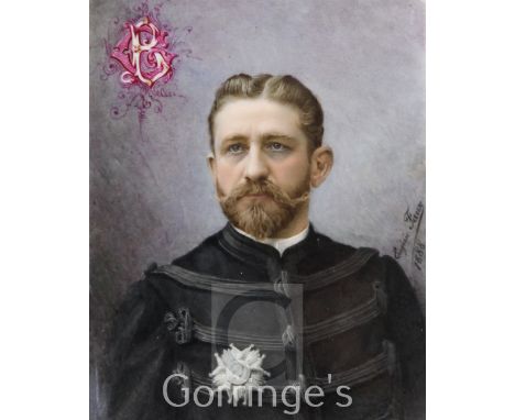 French Political Interest: Eugenie Faux (b.1860). Portrait on porcelain plaque of General Boulanger, signed and dated 1888, m