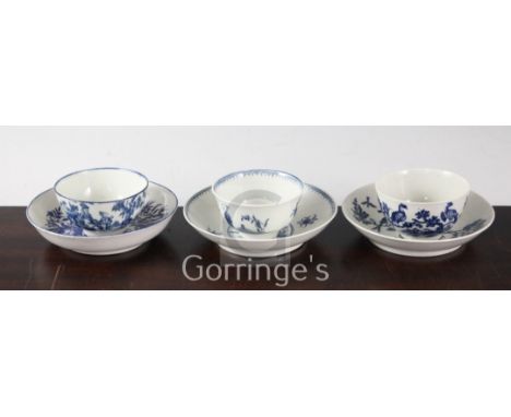 Three Worcester blue and white teabowls and saucers, c.1770-5, the first painted with the Standing Chinaman pattern, open cre
