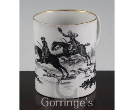 A Worcester black printed mug, c.1770, printed "The Fox Hunt", the strap handle and rim with gilt highlights, unmarked, heigh