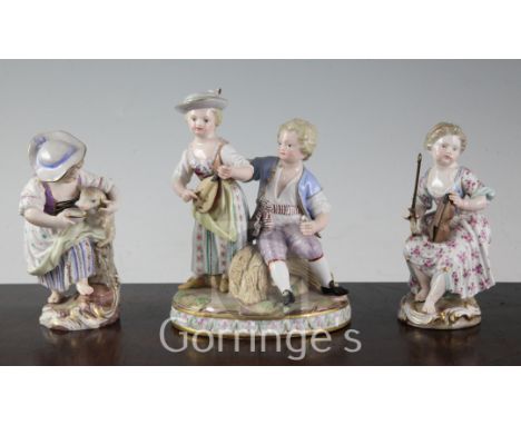 Two Meissen figures and a similar group, 19th century, the group modelled as a girl playing a mandolin, a boy seated on a whe