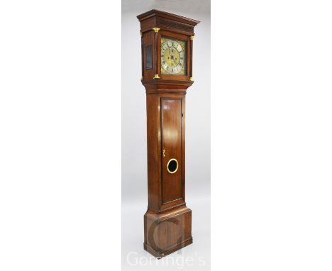 John Hocker of Reading. A George II oak eight day longcase clock, the 12 inch square brass dial with silvered Roman chapter r