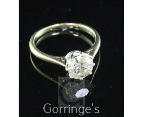 A 9ct gold and solitaire diamond ring, the round brilliant cut stone weighing approximately 1.25ct, size M.