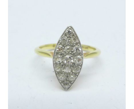 An 18ct gold, diamond and white stone ring, 3g, K